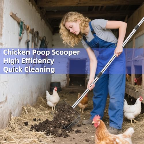 Image of 10 Inch Large Metal Chicken Poop Scooper, Detachable Tool 60 inch Long Metal Chicken Coop Poop Litter Scoop with Stainless Steel Handle, 4 in 1 Multifunctional Chicken Coop Accessories Litter Scooper