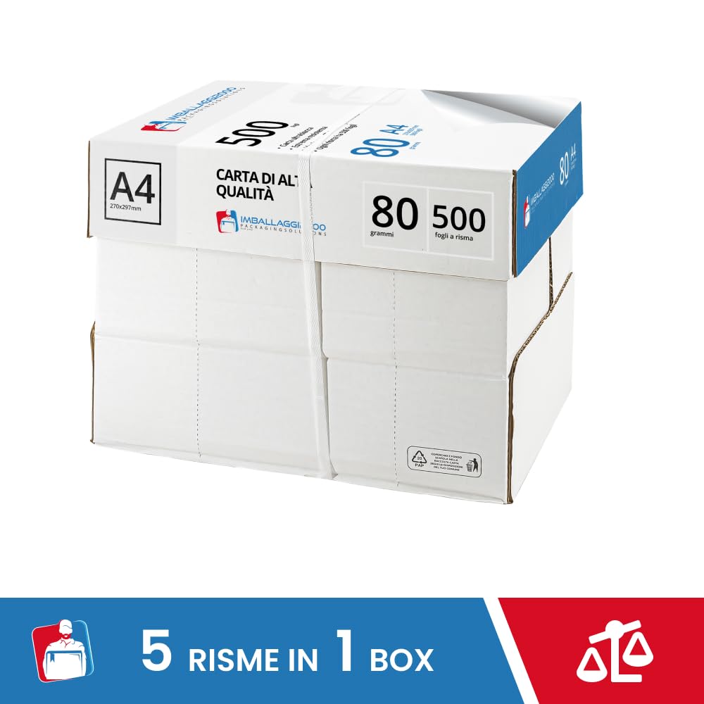 IMBALLAGGI 2000 Carta A4 per Stampante 5 Risme 500 Fogli Pack 5x500