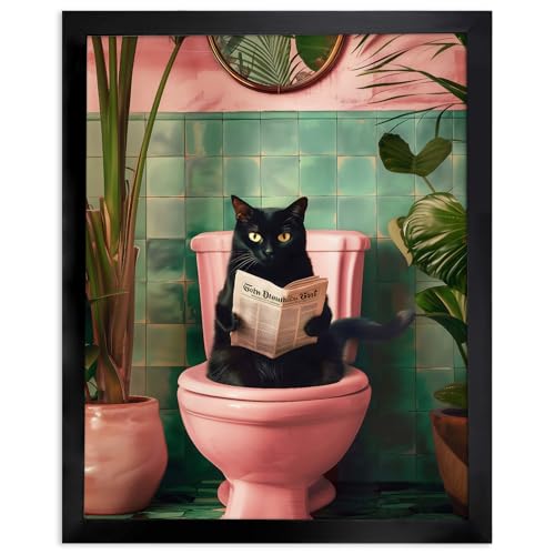 Catálogo para Comprar On-line Imágenes enmarcadas los 5 mejores. 48 Imágenes de baño en blanco y negro decoración de pared, gracioso gato negro sentado en el inodoro leyendo el periódico gracioso arte de pared de baño, lienzo de animal...