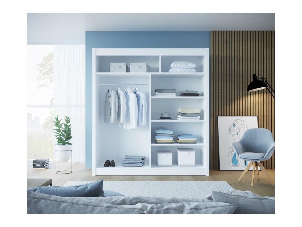 B1 180 cm Weiß Schiebetüren Kleiderschrank 180x215x58 cm Schlafzimmermöbel, Aufbewahrung - Mehrzweckschrank - Farbe: Weiß