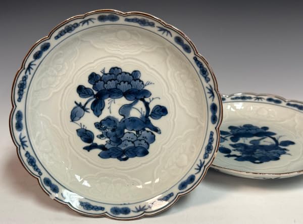 青**古伊万里/染付牡丹獅子文六寸皿/傷あり/江戸時代（