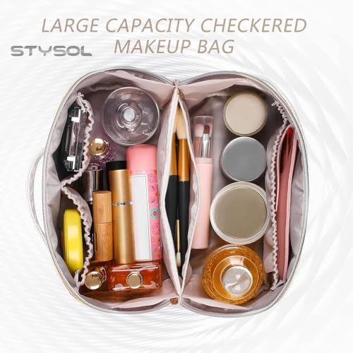Image of Large Capacity Travel Cosmetic Bag, Leather Makeup Bag with Handle and Divider, Waterproof Cosmetic Bag, Portable Leather Toiletry Bag, Roomy Cosmetic Bag for Women & Girls(White)