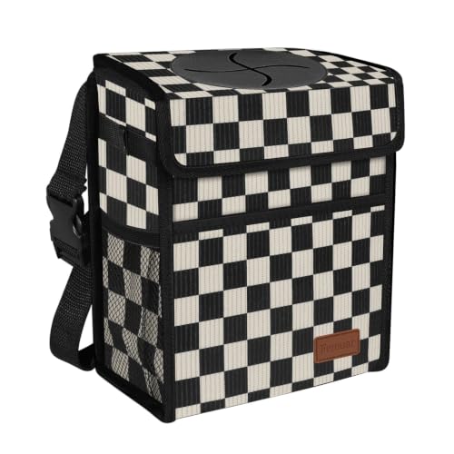 Image of Femuar Leak Proof Car Trash Can with Lid, Collapsible Hanging Waterproof Car Trash Bag with Mesh Pocket for SUV Front Seat Headrest, Black White Plaid