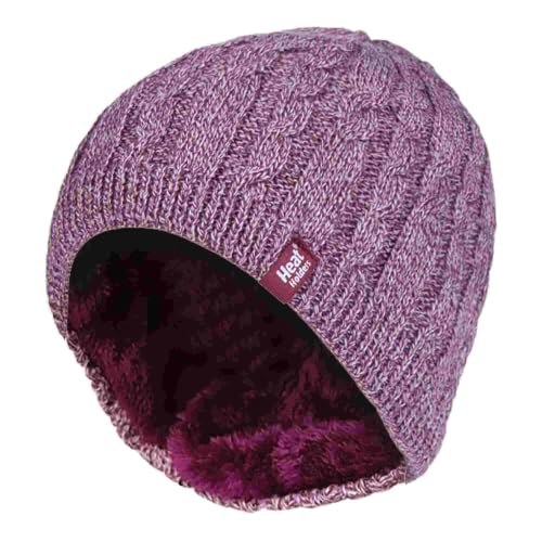 HEAT HOLDERS - Womens Ribbed Cable Knit Fleece Lined Thermal Winter Knitted Beanie Hat (One Size Rose (Alesund))