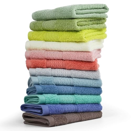 Image of Cleanbear 100% Cotton Washcloths 12 Pack Bath Wash Cloths Facecloths, 13 by 13 Inches Large Bathroom Washcloth Set 12 Assorted Colors (Multi, 12)