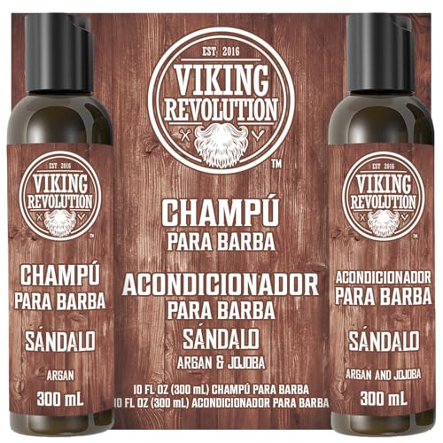 Viking Revolution Juego Champú y Acondicionador Para Barba con Aceites de Argán y Jojoba - Champú Barba de Hombre que Suaviza y Fortalece - Aroma Natural de Sándalo - 2 x 300 ml