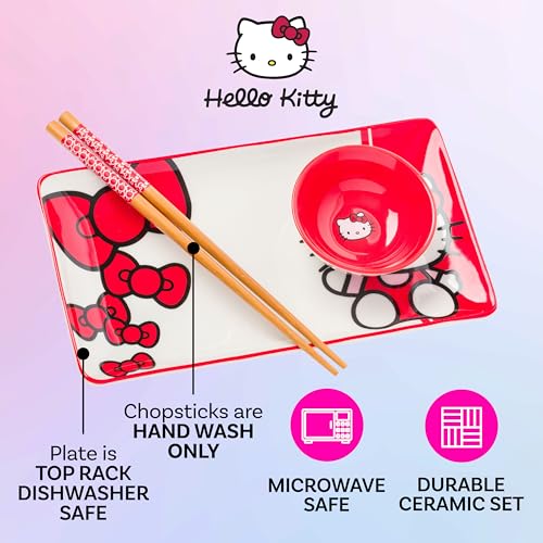 Image of Silver Buffalo Sanrio Hello Kitty Red and White Bow Ceramic Sushi Set with Dipping Sauce Dish and Matching Chopsticks