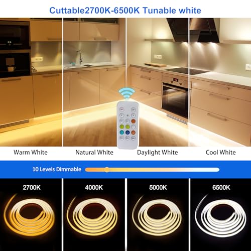Image of COB LED Strip Lights, CCT Tunable White LED Tape Light 9.84ft /3m, 2700K-6500K, CRI90+, 24V Dimmable LED Strips Kit with Bluetooth APP Control, for Bedroom, Kitchen, DIY Lighting.
