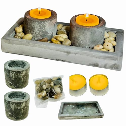 Portavelas Jardín Zen de Cemento Pulido - Incluyen Velas Aromáticas de Miel – Boda, Comunión y Hogar – Centro de Mesa Decorativo Salón, Comedor, Baño, Terraza – Soporte Moderno Velas Yoga