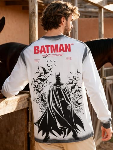 Image of Bewakoof X DC Batman Men's Cotton Printed Oversized Fit Full Sleeve Round Neck T-Shirt | Casual Wear | Street Wear | Oversized t Shirt for Men Cotton | Baggy