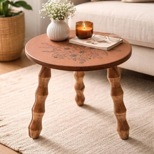 Image of Decor Corner Table Coffee Table Side Table with Floral Laaser Design, Round Solid Wood End Table Coffee Table Flower Stand Sofa Side for Living Room Balcony (Natural)