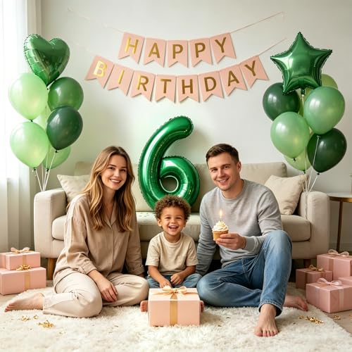 Image of TONIFUL 6th Birthday Balloons 40 Inch Green Large Number 6 Foil Balloon 18 Inch Helium Mylar Heart Star Shaped Ballons for Boys Men Birthday Anniversary Graduation New Year Eve Party Decoration