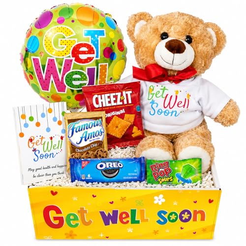GET WELL GIFT BASKET, care package, w/Teddy Bear & Balloon, Candy & Snacks,...