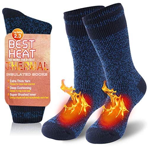 Mens Hot Feet Winter Thermal Socks, Heated Socks for Hunting Cozy Warm Trekking Socks Blue Fuzzy Socks Mens Insulated Thick Crew Socks Slipper Comfort Hiking Socks Athletic Camping Socks 1 Pair