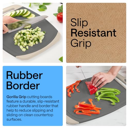 Image of GORILLA GRIP BPA-Free Reversible Kitchen Cutting Board Set of 3, US Designed, Nonporous, Juice Grooves Catch Liquid, Slip Resistant Border, Dishwasher Safe, Durable Food Chopping Boards, Gray Almond