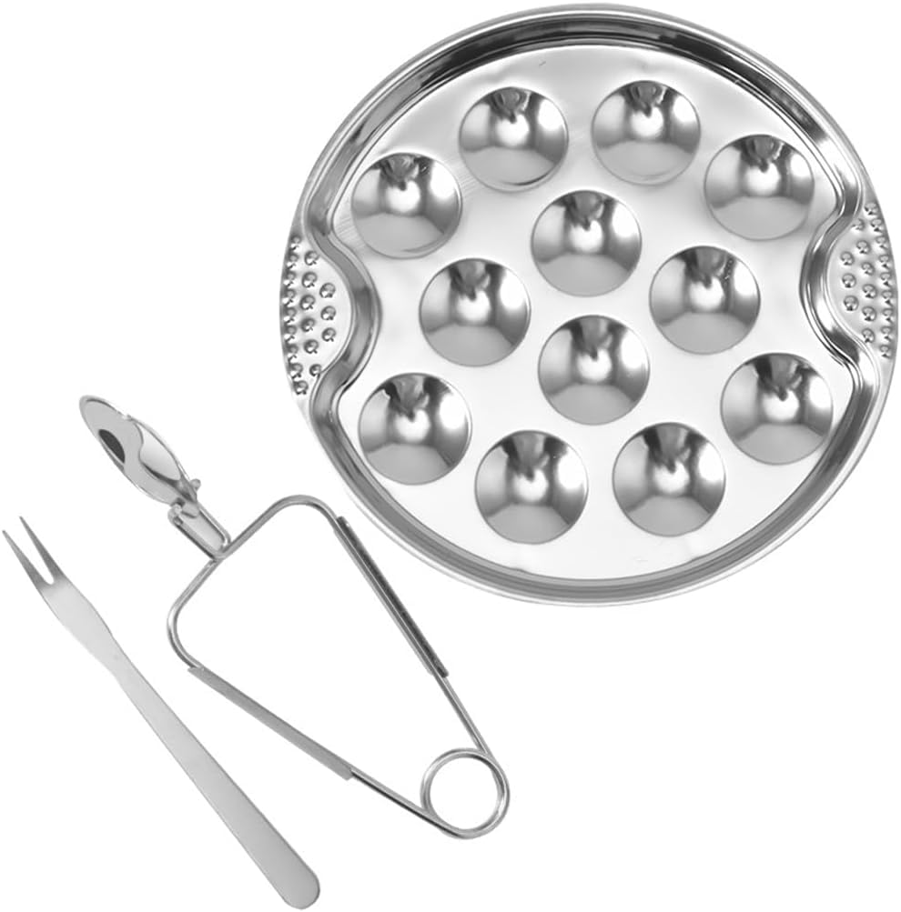 Azonee French Escargot Dish, 1 Set Baked Snails Barbecue Snail Plate with Clips and Forks Escargot Baking Escargot Clips Escargot Fork Stainless Steel Baking Pans 12 Holes Snail Plate Tool Kit
