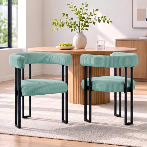 Image of Modern Corduroy Dining Chairs Set of 2 with Metal Legs,Comfy Accent Dining Room Chairs Upholstered Kitchen Side Chairs with Curved Backrest for Dining Room Kitchen Living Room (Mint,2)