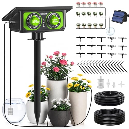 RAINPOINT Kit de Riego por Goteo Automático Solar, Nuevo Diseño de Manguera para Distribución Uniforme del Agua, Sistema de Riego por Goteo con 90 Modos de Temporizador + Manguera de 15M, Antisifón
