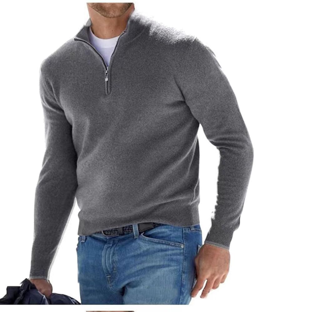 Herren Kaschmir Reißverschluss Basic Pullover, Herren-Poloshirt, klassisch,Herren-Pullover mit V-Halsausschnitt, langärmelig, weicher Griff, Viertelreißverschluss