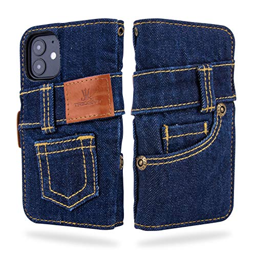 UK Trident Denim iPhone 12 Mini Wallet Case with Card Holder, One Wash Dark Blue Denim, Handmade from 11oz Jeans Denim with Credit Card Pockets and Stand Function, Japanese Denim Brand