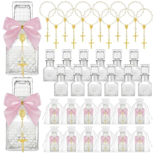 Chuangdi 12 Sets Holy Water Bottles Baptism Favors for Guest Holy Water Container with Cross Rosary Organza Bag Bow 50ml Glass Empty Container for Communion Christian Wedding (Elegant Pink)