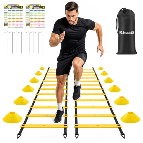 2 Pack 20ft Agility Ladder Set 40ft Total Adjustable Speed Ladder with 12 Cones 8 Stakes 1 Carry Bag - Parallel Footwork Drills Gear for Football Soccer Basketball Training Equipment (Yellow)