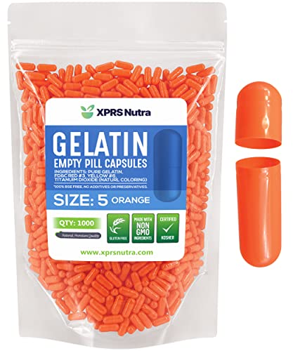 Image of XPRS Nutra Size 5 Empty Capsules - 1000 Count Very Small Empty Gelatin Capsules - Pills DIY Capsule Filling - Fillable Pill Gel Caps for Do-It-Yourself Vitamin Supplements (Orange)