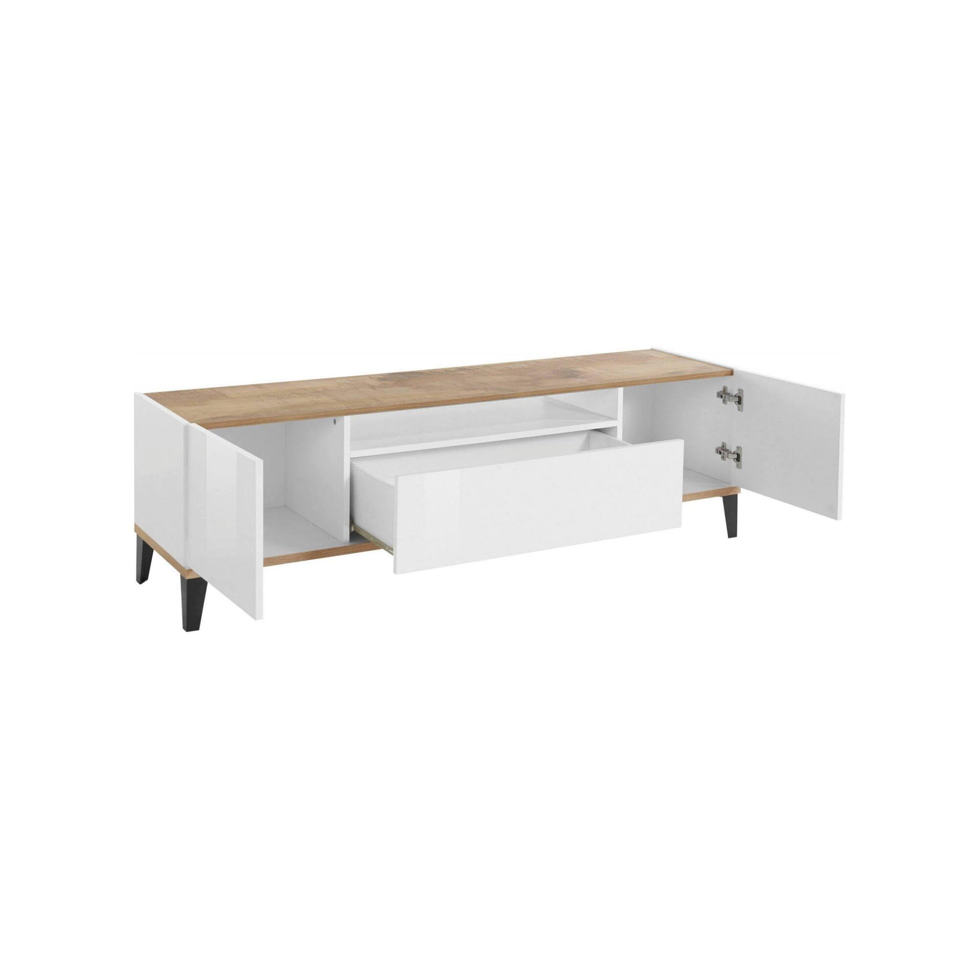 Dmora - Mobile porta TV Ivan, Credenza bassa da soggiorno a 2 ante, Base porta televisione, 100% Made in Italy, cm 160x40h47, Bianco lucido e Acero