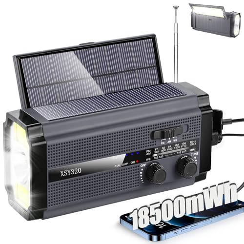Radio AM/FM con manivela de emergencia con 2 paneles solares, 5 modos de carga, escaneo meteorológico NOAA, 3 modos, linterna, cargador de teléfono celular, alarmas SOS para el hogar al aire libre