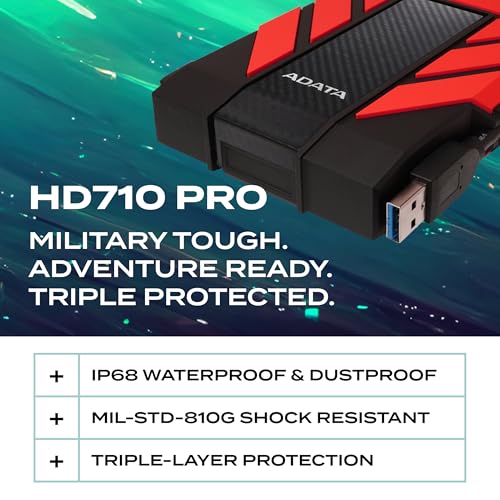 Image of ADATA HD710 Pro External Hard Drive - 1TB USB 3.2 Gen1 Portable HDD for Gaming & Backup Storage - IP68 Waterproof & Dustproof - MIL-STD Shock Resistant - Red - 1 Count