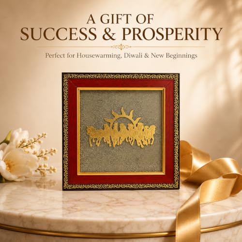 Image of HindCraft 7 Horses Vastu Frame on Raw Pyrite Stone - Decorative Photo Frame for Wall & Table | Vastu Decor, Housewarming Gift, Office Desk Showpiece | 7x7 Inch