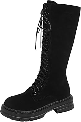 Women Suede Lace-Up Boots Knee High with Chunky Heel Comfortable Heightened Design for Fall Winter Faux Suede Tall Boots