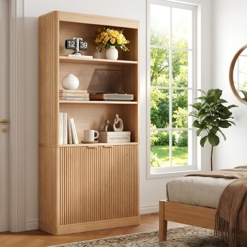 Glirun 72'' Tall Bookshelf with Doors, 5-Tier Wooden Storage Bookcase with Fluted Doors & Side Panels, Adjustable Shelf, Gold Handles for Living Room, Bedroom, Home Office, Natural Oak by Glirun - Used condition - Image 8
