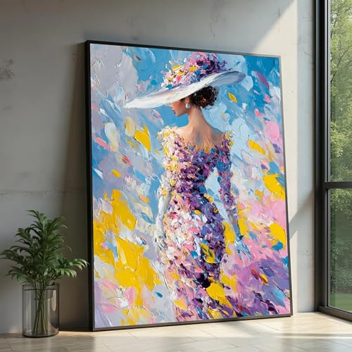 Tableau femme au chapeau fleuri impressionniste multicolore sur toile de 50 x 70 cm