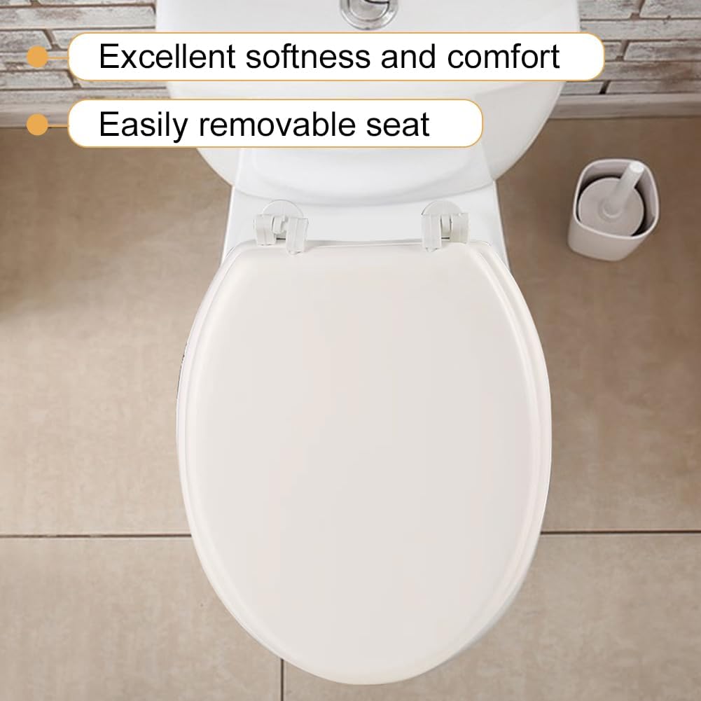 Slow Close Toilet Seat, Round Cushioned Soft Close Toilet Lid with Quick Release Hinges, Padded Vinyl Seat for Elongated/Standard Round Bowls, Easy Clean No Slam White Plastic Replacement