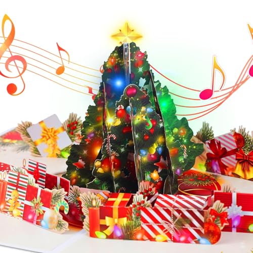 WUJUN Weihnachtskarten, 3D-Weihnachts-Pop-Up-Karte mit Lichtern...