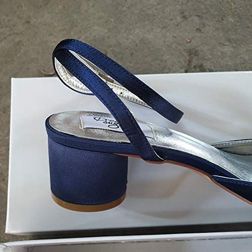 Creativesugar Lady Satin Dress Shoes Block Thick Heels Pumps Pointed Toe Bridal Wedding Shoes (9.5, Navy Blue) - Image 4