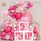Dekoracje na 1. urodziny dla dziewczynek - 3 szt. pudełka na jeden balon i 104 szt. zestaw różowych balonów, balon dziecięcy różowy, balon gorący różowy, balony na 1. urodziny, pudełka na 1. urodziny