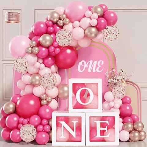 Dekoracje na 1. urodziny dla dziewczynek - 3 szt. pudełka na jeden balon i 104 szt. zestaw różowych balonów, balon dziecięcy różowy, balon gorący różowy, balony na 1. urodziny, pudełka na 1. urodziny