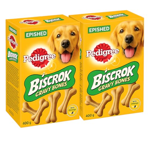 Pedigree Biscrok Gravy Bones Original Dog Treats 400g x 2 EPISHED Pack Crunchy Gravy Coated Biscuits Healthy Training Snacks for Dogs Enriched with Vitamins Calcium Omega 3 Tasty Meaty Dog Biscuits