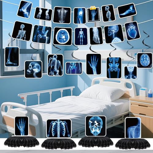 Image of Radiology X Ray Party Decorations, 14PCS Xray Banners with Hanging Swirls Birthday Decoration X-Ray Medical Theme Honeycomb Centerpiece Baby Shower Supplies for Radiology Doctor