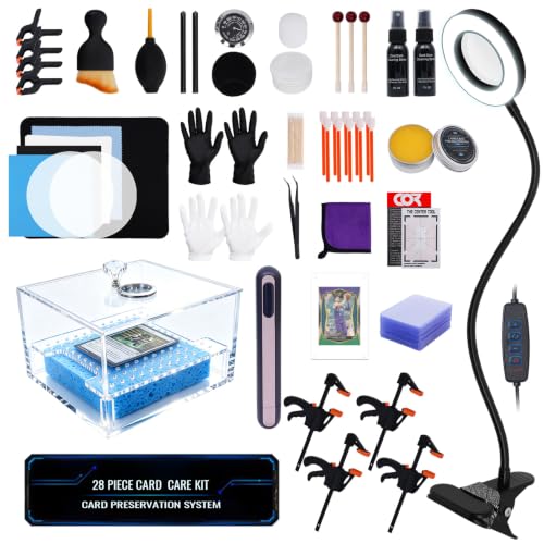 NFie 28 in 1 Card Cleaning Kit with Acrylic Humidor and Heat Pen, Flattening, Restoration, Repair & Care for Sport Cards, TCG Collectors & Enthusiasts, Complete Solution with Accessories (8″)