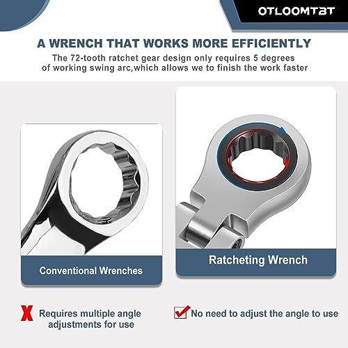 OTLOOMTBT 10PCS Industrial-Grade Flex-Head Ratcheting Combination Wrench Set, 72-Tooth Ratchet Sets SAE 1/4 Inch to 3/4 Inch Standard Suitable for Tight Space, Premium Portable Gift Wrenches Organize - Thumbnail 2