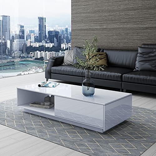 AWOOOD Coffee Table for Living Room, Modern Side Table Wooden Centre Table, White High Gloss Coffee Tea Tables with 1 Drawer & Open Case Storage for Home Office Furniture