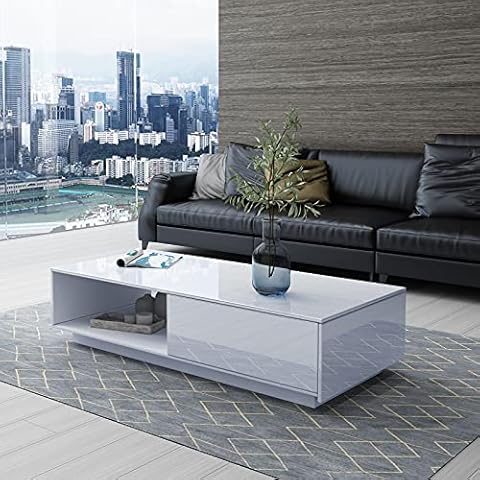 AWOOOD Coffee Table for Living Room Modern Centre Table Wooden Coffee Tables White High Gloss Sofa End Tea Tables with 1 Drawer & Open Case Storage for Home Office Furniture Cover