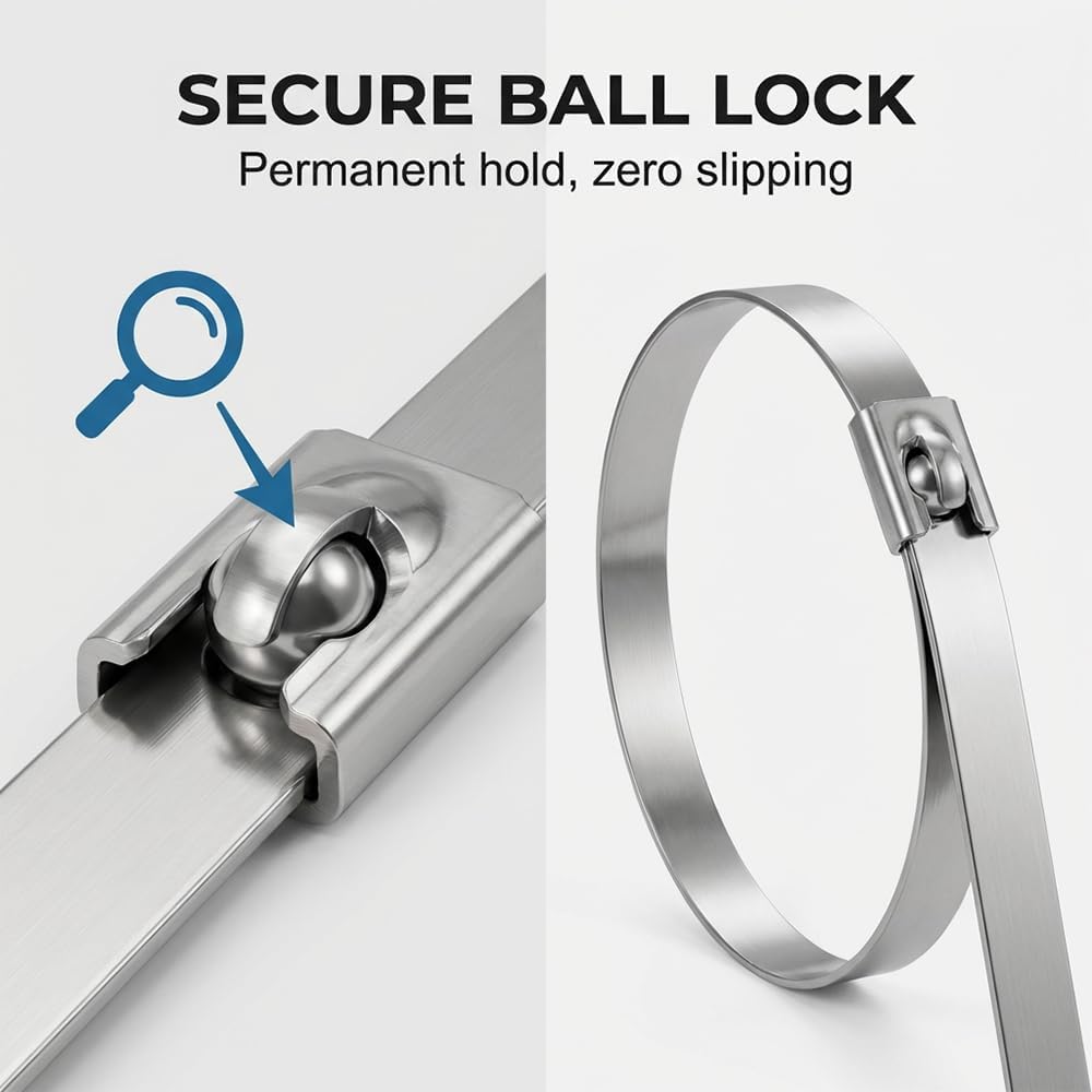 Metal Zip Ties Heavy Duty Outdoor,100PCS Stainless steel Multi-purpose Self-locking Cable Ties For Machinery, Vehicles,Farms, Pipes, Roofs,Cables Binding,Chain Link Fence Ties﻿ (0.18 in x 11.81 in)