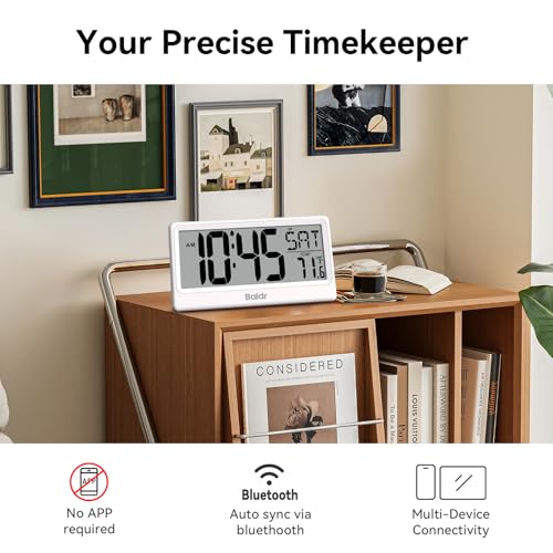 Baldr Digital Clock with Bluetooth Auto Time Sync, No App Required, Large Display Non-Backlit Desktop Alarm Clock, Battery Operated, Temperature & Weekday, Wall or Desk Clock for Home Office, White by Baldr - Image 2