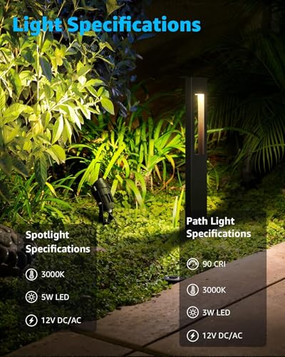 SUNVIE 12-Pack Low Voltage Pathway Lights Wired with Spotlights LED Outdoor Landscape Lighting Kit for Path, Garden, Yard, Patio, Cast-Aluminum, IP65 Waterproof, 12-24V AC/DC, 3000K Warm White, Black - Thumbnail 2