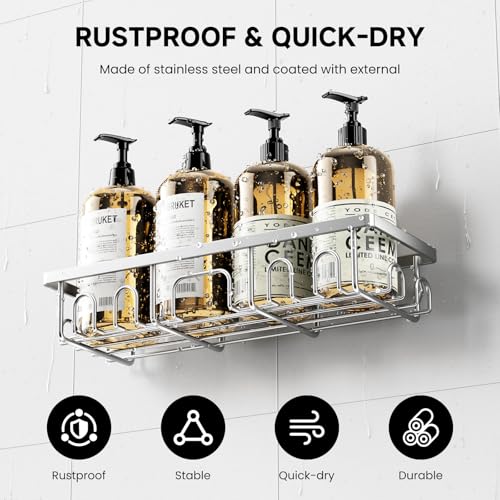 Image of Shower Caddy, 5 Pack Shower Shelves for Inside Bathroom, Rustproof Adhesive Bathroom Organizer with Soap Holder, No Drilling Washroom Organizers and Storage for Bathtub Room /Kitchen, Silver