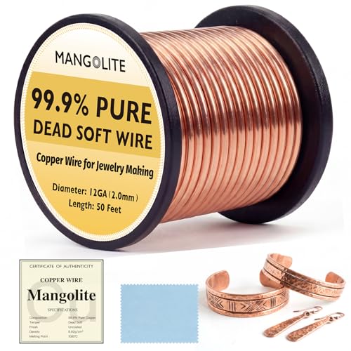 Mangolite 12 Gauge/2.0mm Copper Wire for Gardening & Jewelry 50 Feet 1 Pound Spool with Polishing Cloth & COA 99.9% Pure Dead Soft Bare & Skin Safe Uncoated Craft Wire for Electroculture & DIY